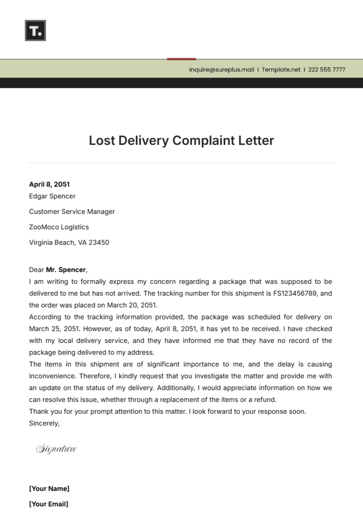 Lost Delivery Complaint Letter Template - Edit Online & Download