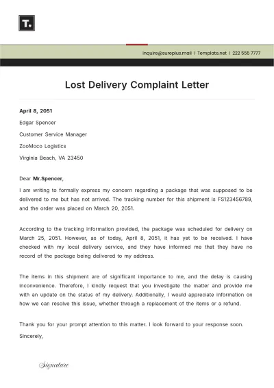Free Lost Delivery Complaint Letter Template to Edit Online