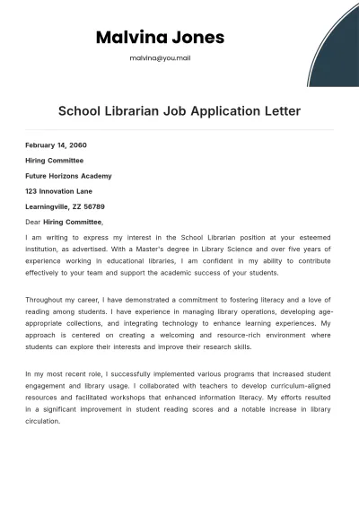 Free School Librarian Job Application Letter Template to Edit Online