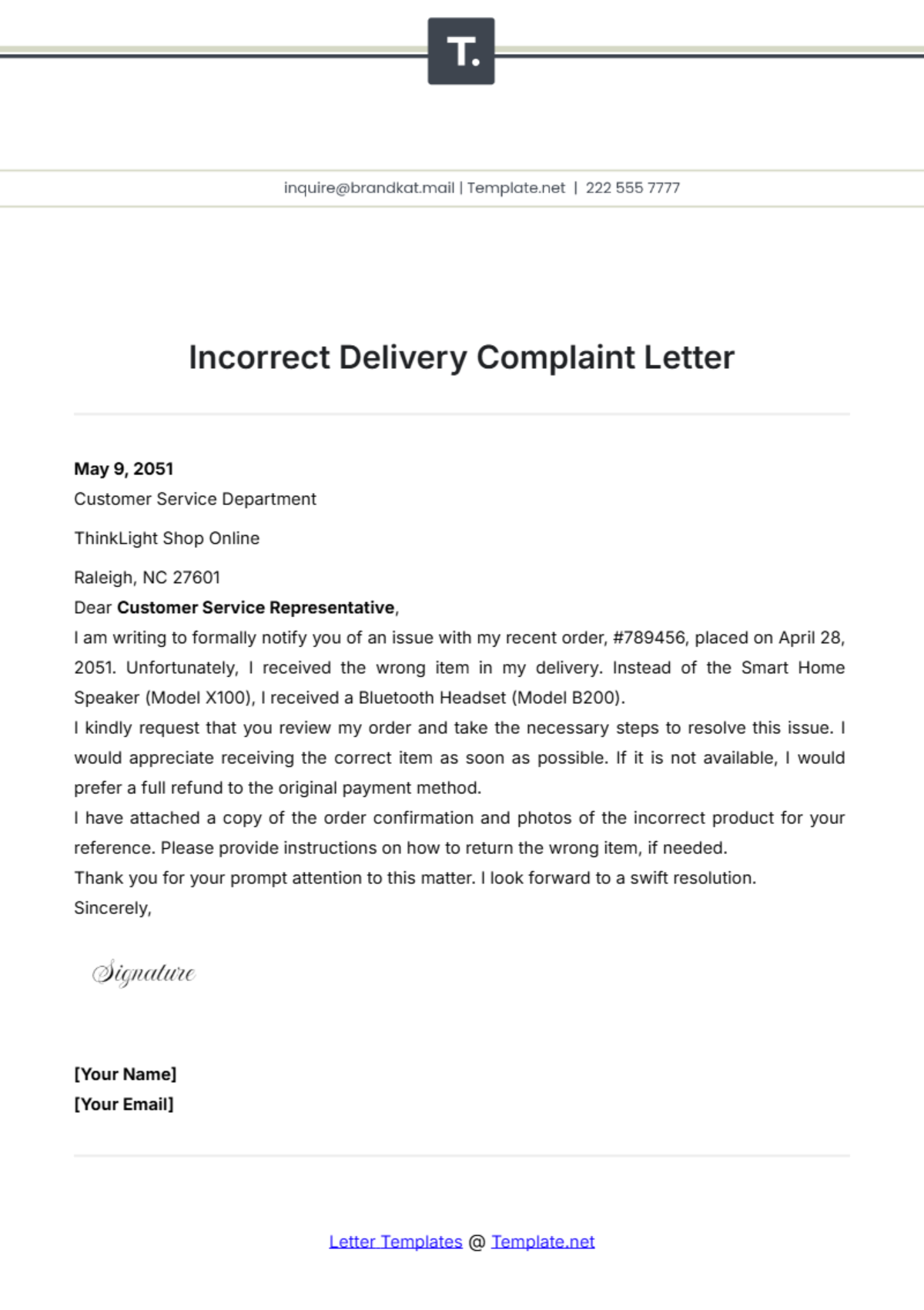 Incorrect Delivery Complaint Letter Template - Edit Online & Download