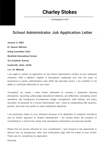 Free School Administrator Job Application Letter Template to Edit Online
