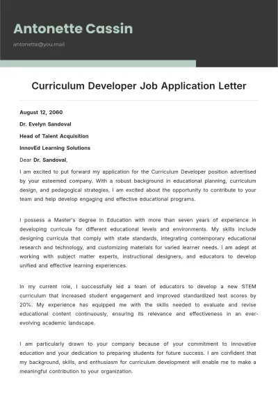 Free Curriculum Developer Job Application Letter Template to Edit Online