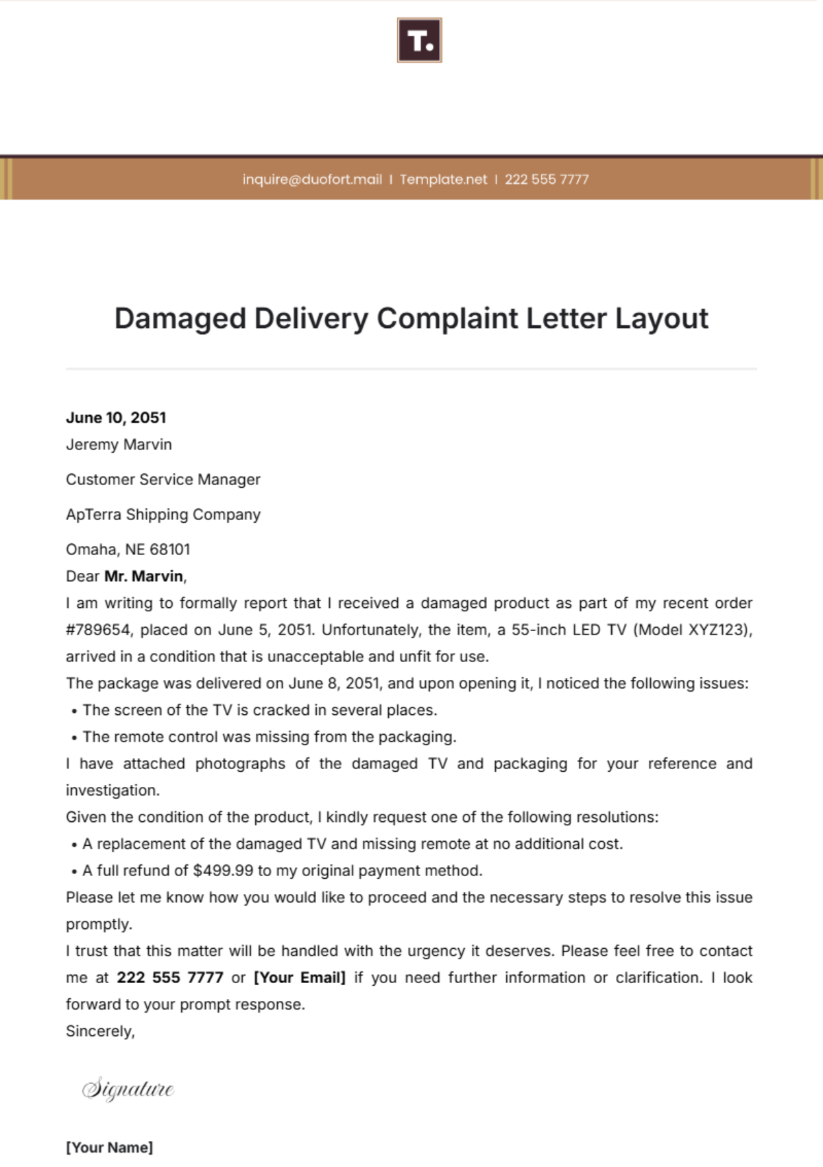 Damaged Delivery Complaint Letter Layout Template - Edit Online & Download