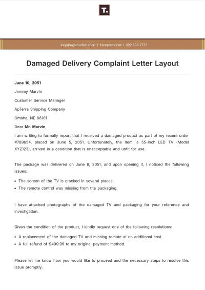 Free Damaged Delivery Complaint Letter Layout Template to Edit Online