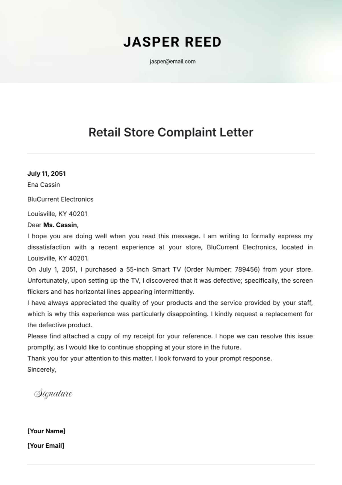 Retail Store Complaint Letter Template - Edit Online & Download