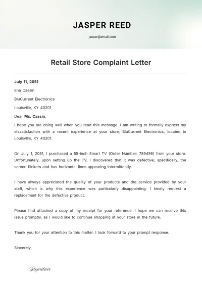 Free Retail Store Complaint Letter Template to Edit Online