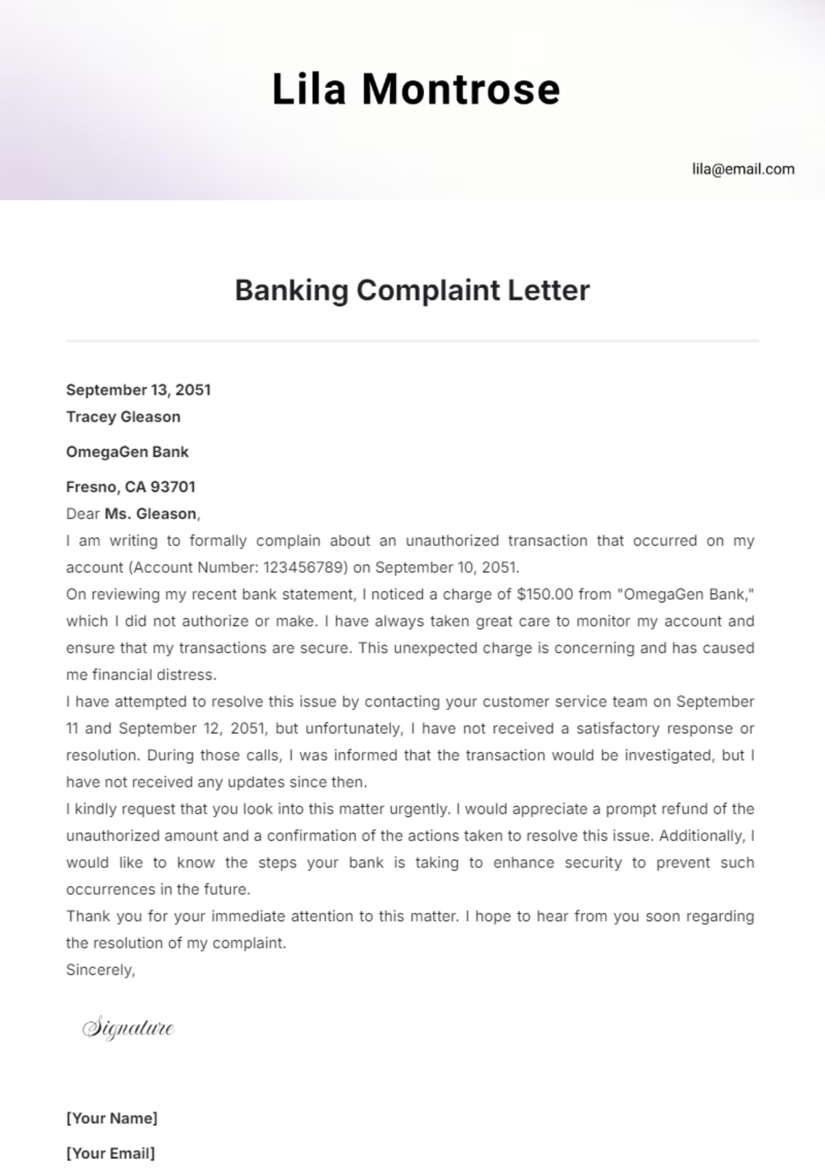 Banking Complaint Letter Template