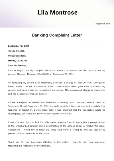 Free Banking Complaint Letter Template to Edit Online