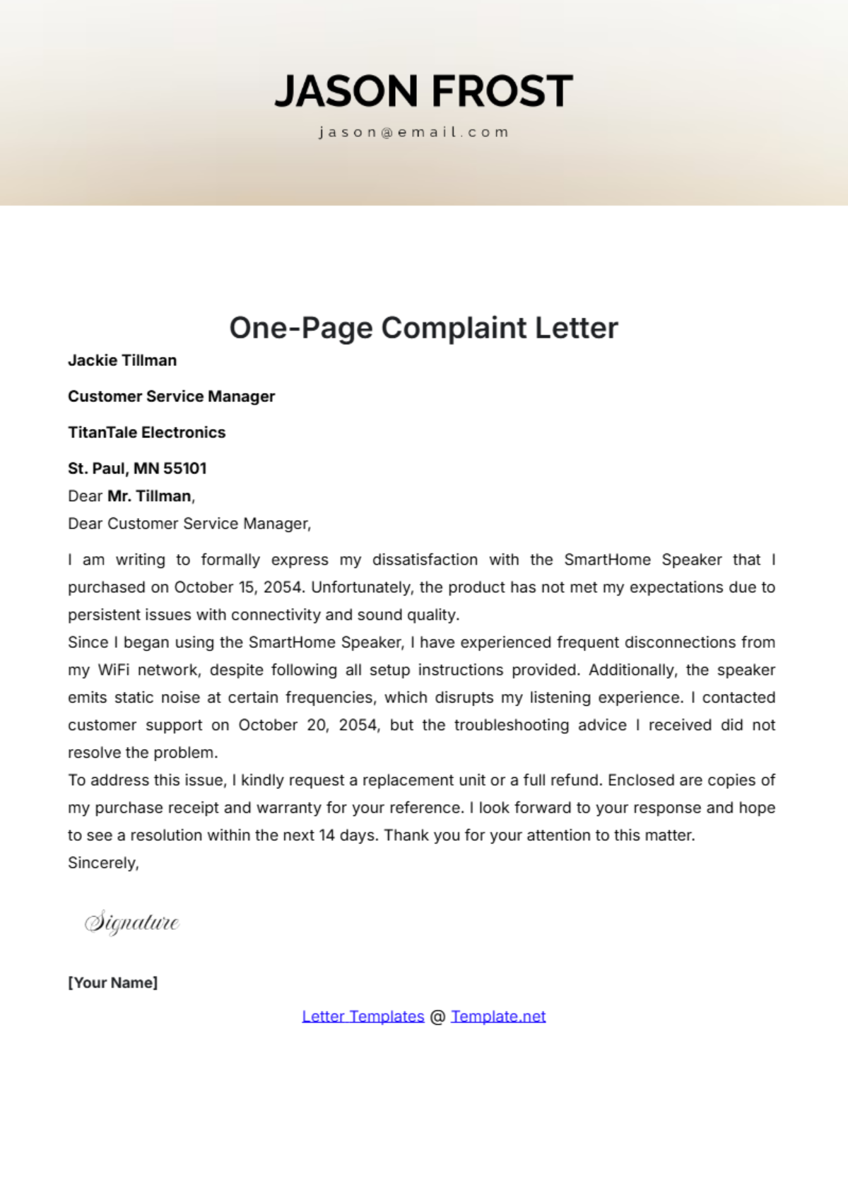 One-Page Complaint Letter Template - Edit Online & Download