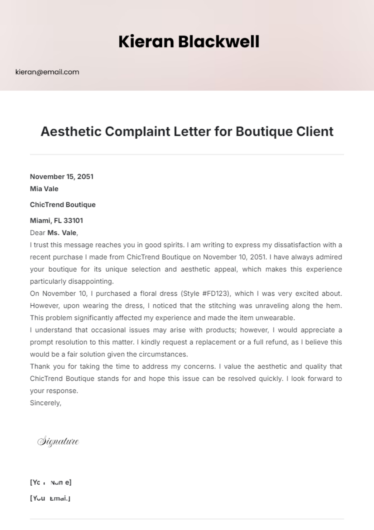 Aesthetic Complaint Letter for Boutique Client Template - Edit Online & Download