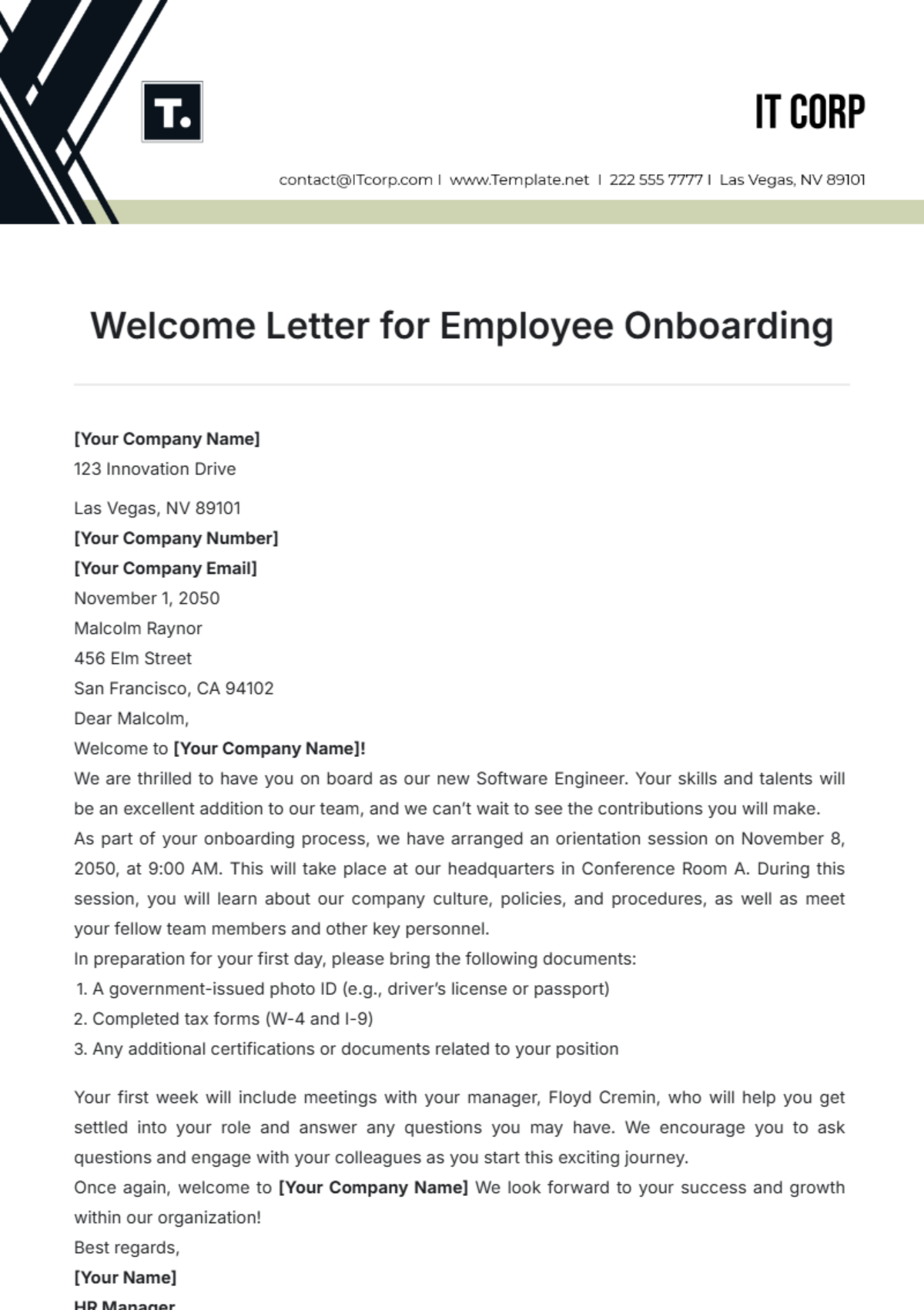 Welcome Letter for Employee Onboarding Template - Edit Online & Download