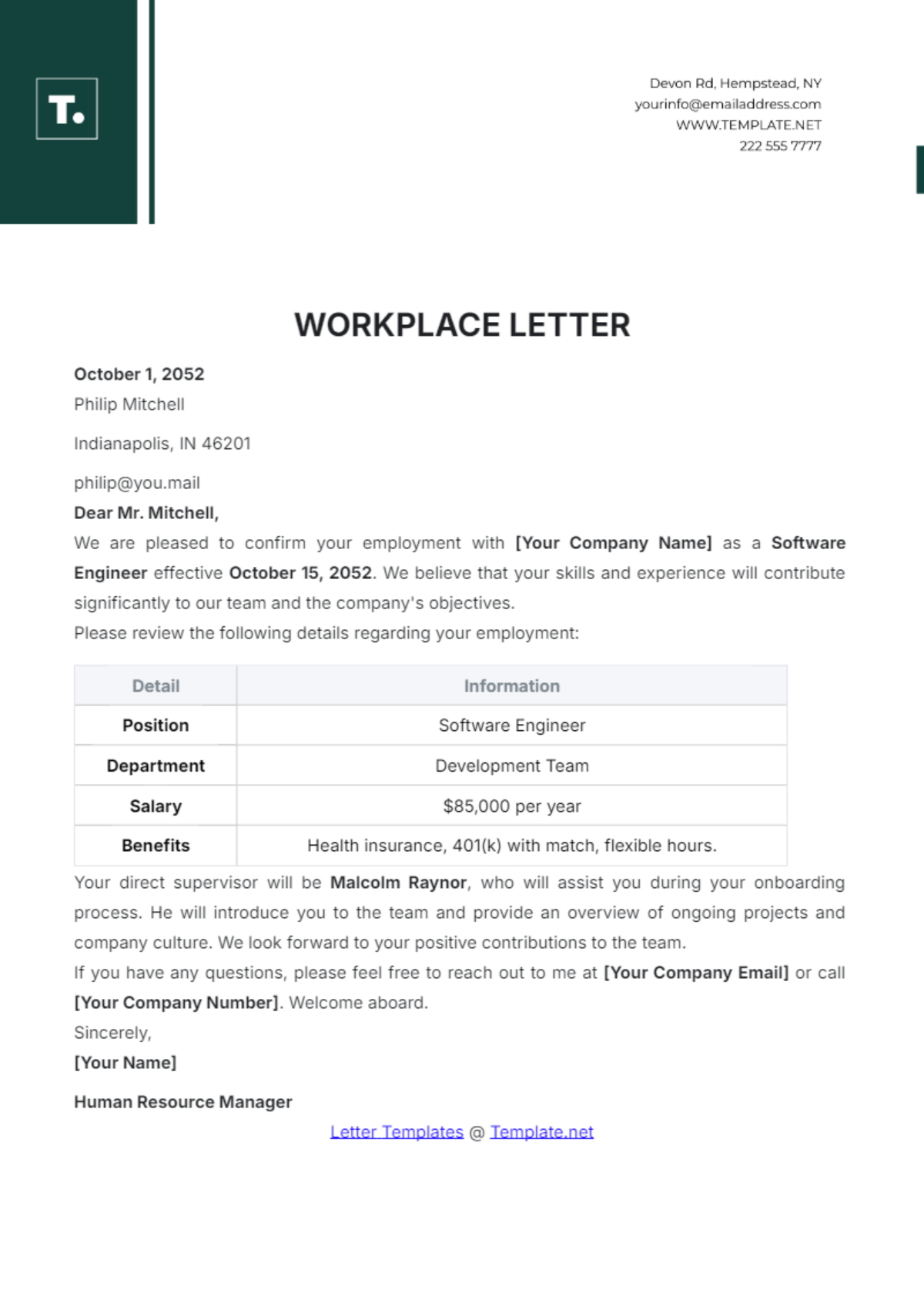 Free Workplace Letter Template