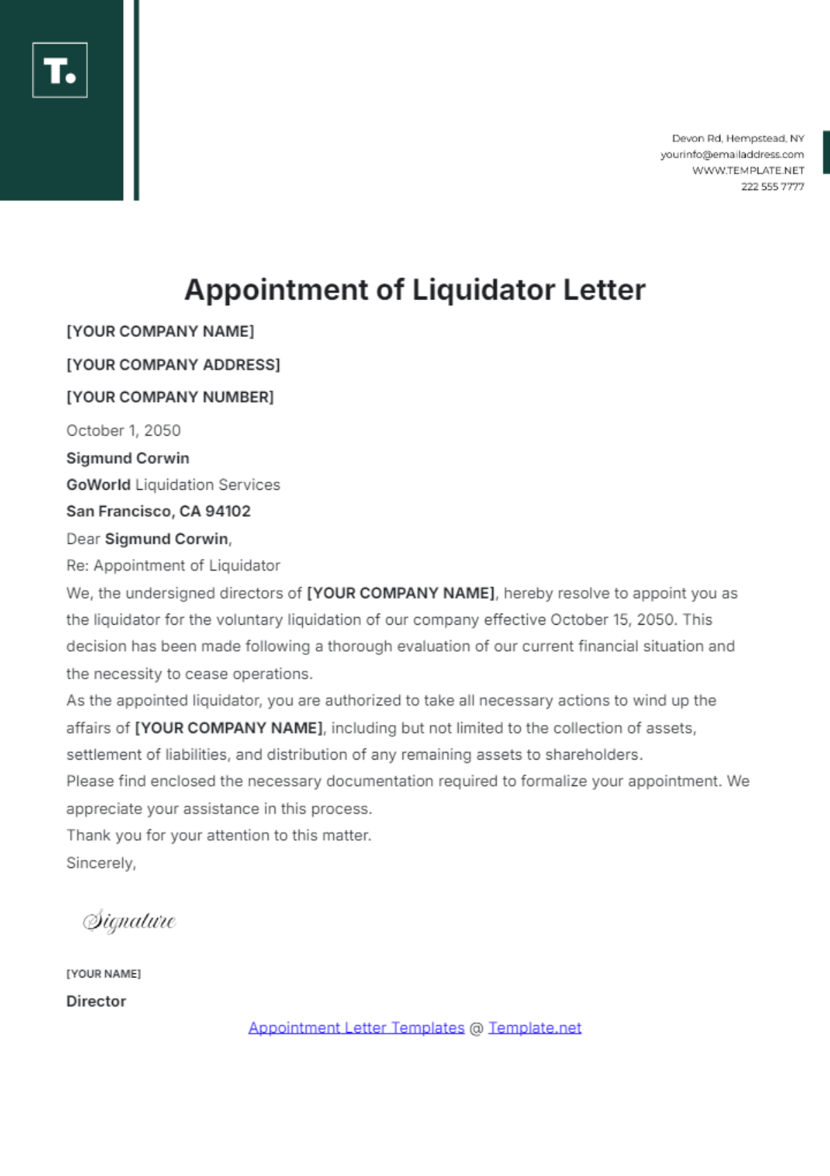 Appointment of Liquidator Letter Template - Edit Online & Download