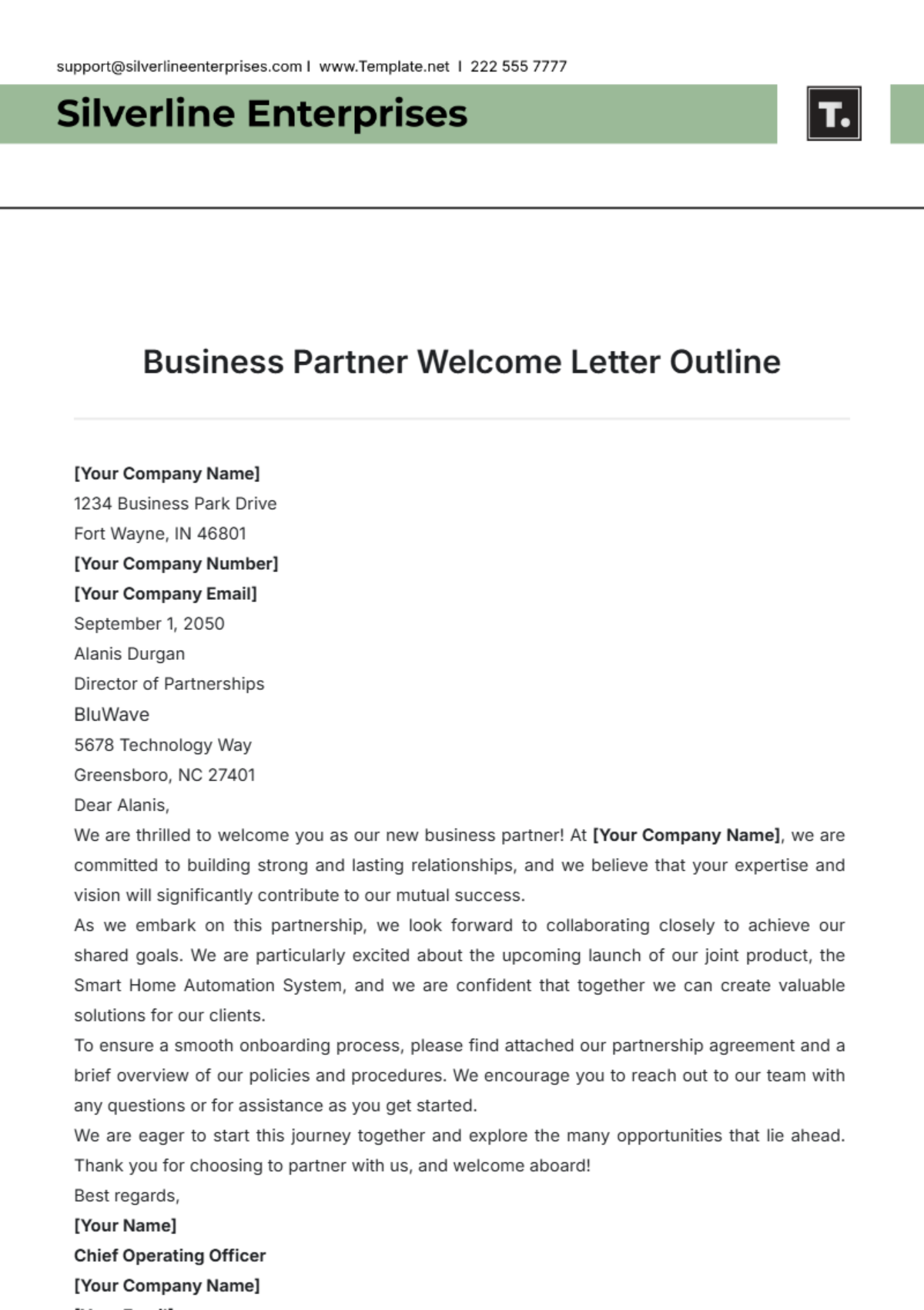 Business Partner Welcome Letter Outline Template - Edit Online & Download