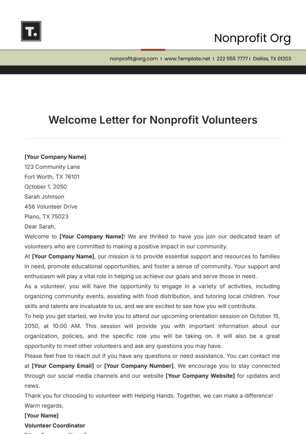 Welcome Letter for Nonprofit Volunteers Template - Edit Online & Download