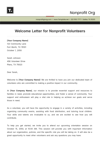 Free Welcome Letter for Nonprofit Volunteers Template to Edit Online