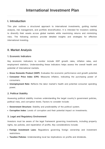 Free International Investment Plan Template to Edit Online