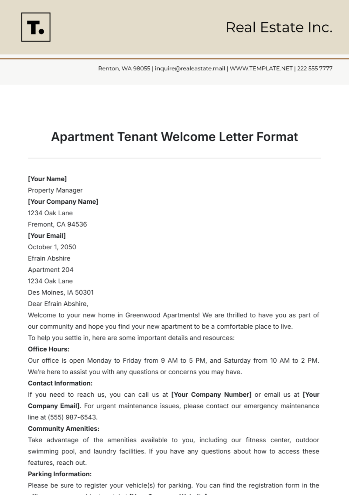 Apartment Tenant Welcome Letter Format Template - Edit Online & Download