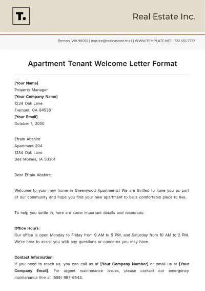 Free Apartment Tenant Welcome Letter Format Template to Edit Online