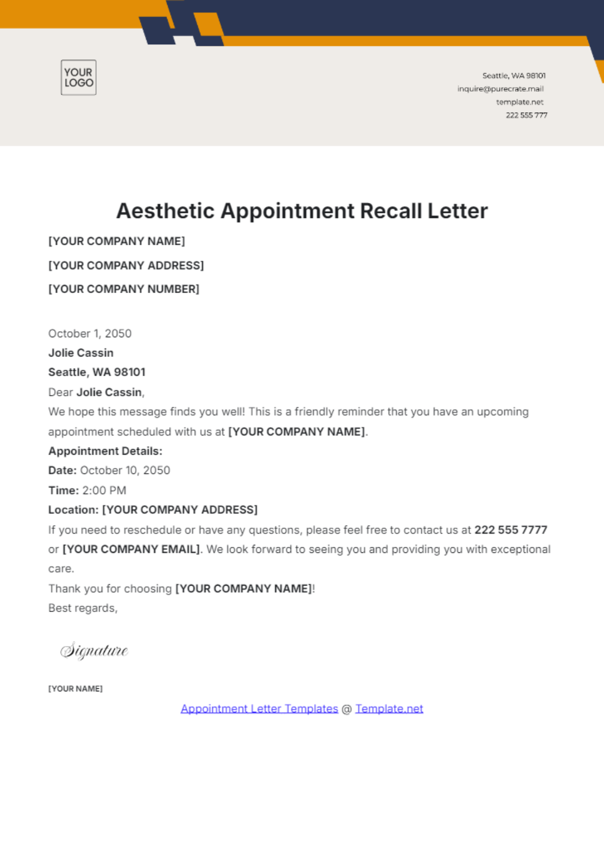 Aesthetic Appointment Recall Letter Template - Edit Online & Download