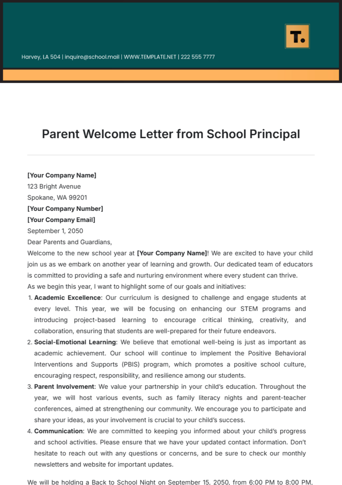 Parent Welcome Letter from School Principal Template - Edit Online & Download