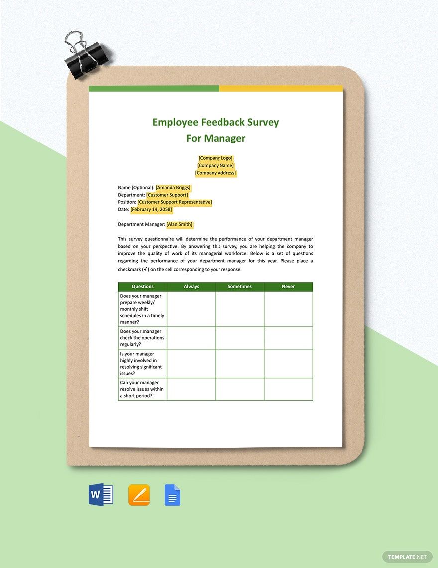 Employee Feedback Survey for Manager Template Template