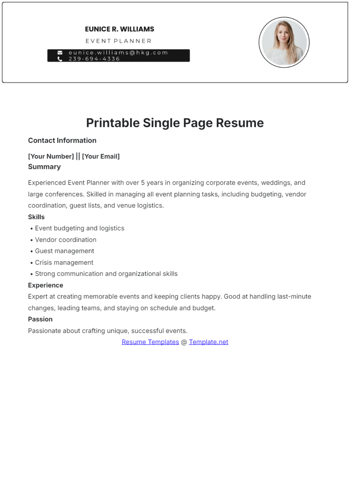 Printable Single Page Resume Template - Edit Online & Download