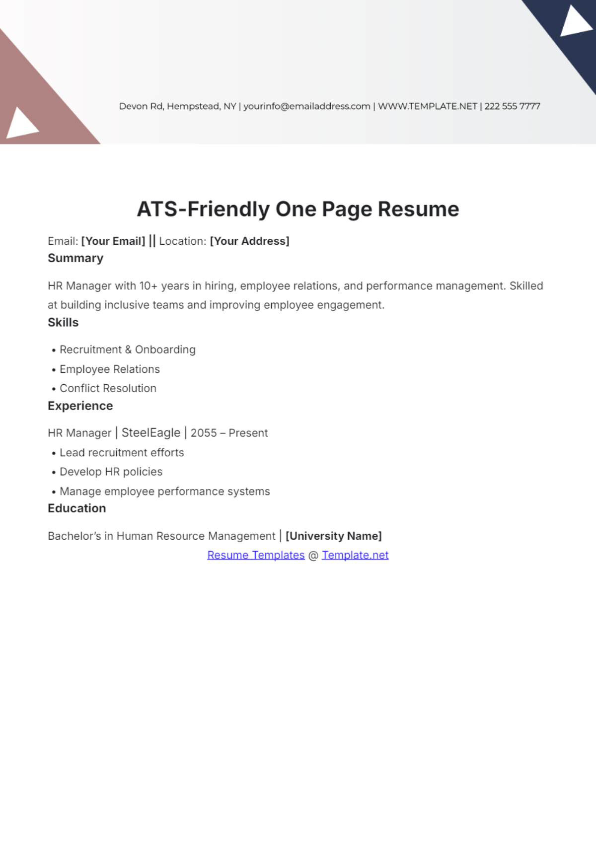 ATS-Friendly One Page Resume Template - Edit Online & Download