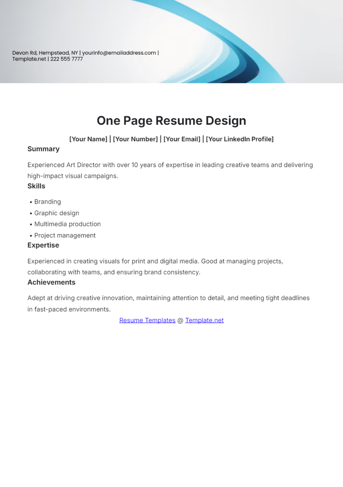 One Page Resume Design Template - Edit Online & Download