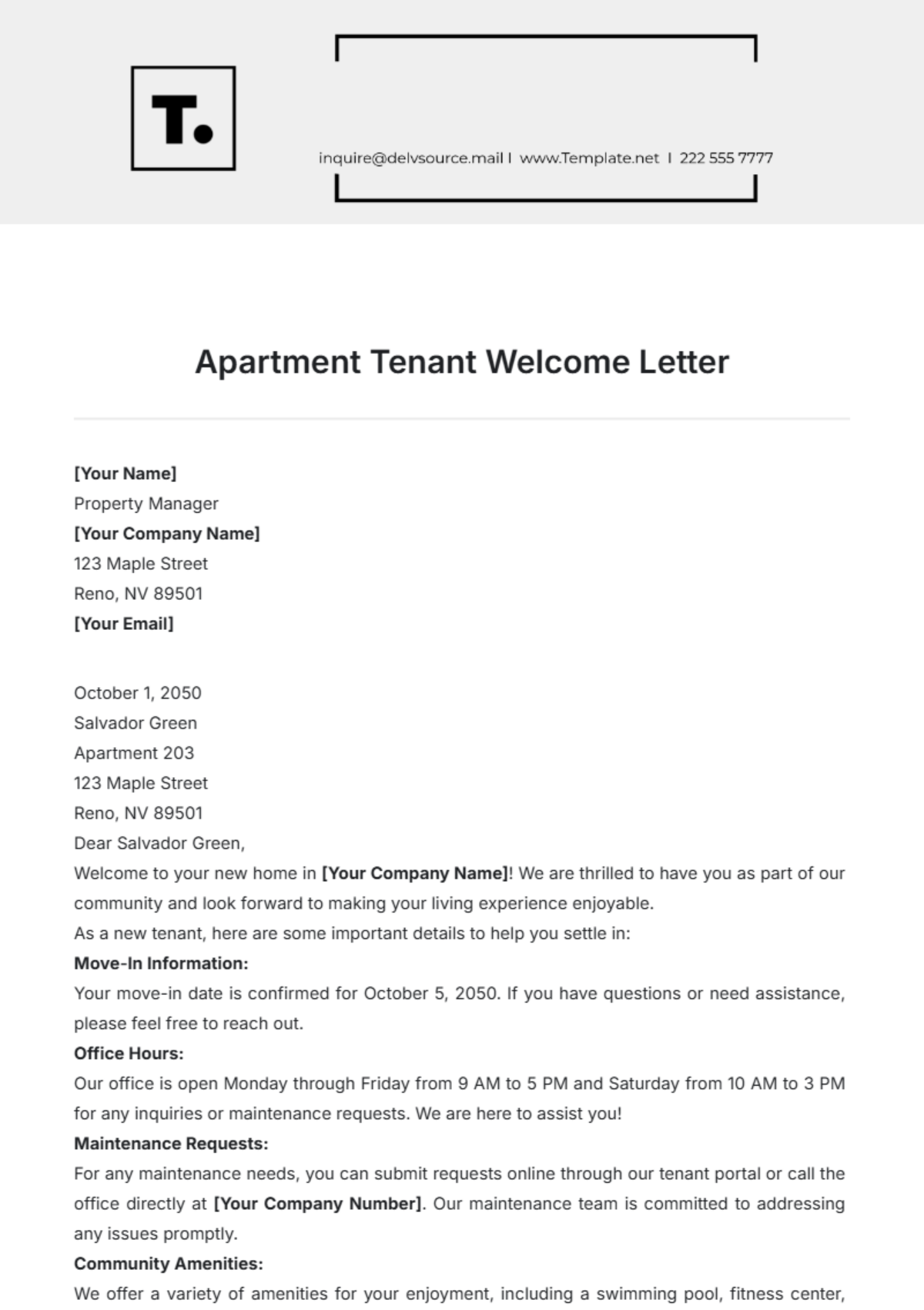 Apartment Tenant Welcome Letter Template - Edit Online & Download