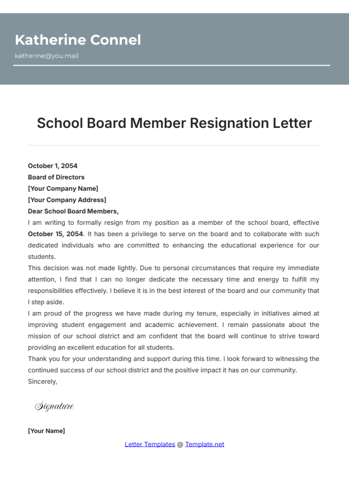 School Board Member Resignation Letter Template