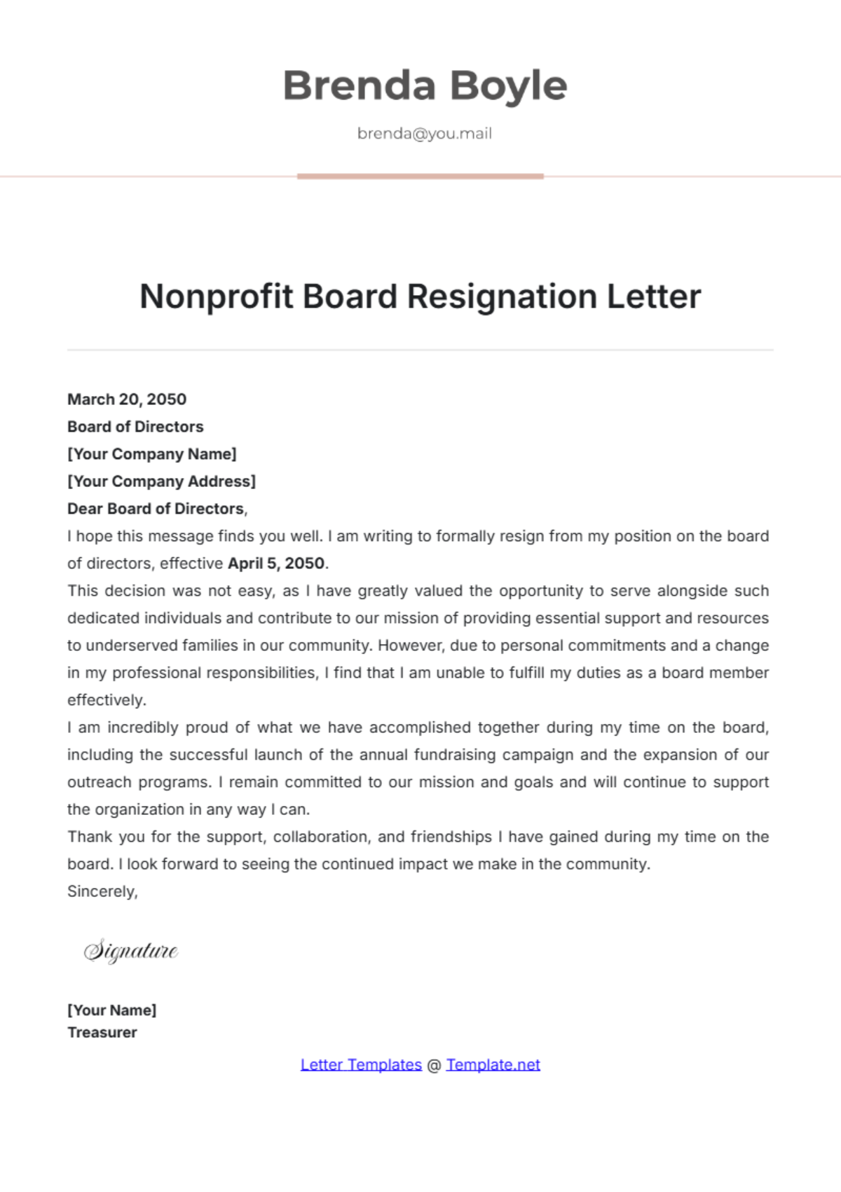 Nonprofit Board Resignation Letter Template