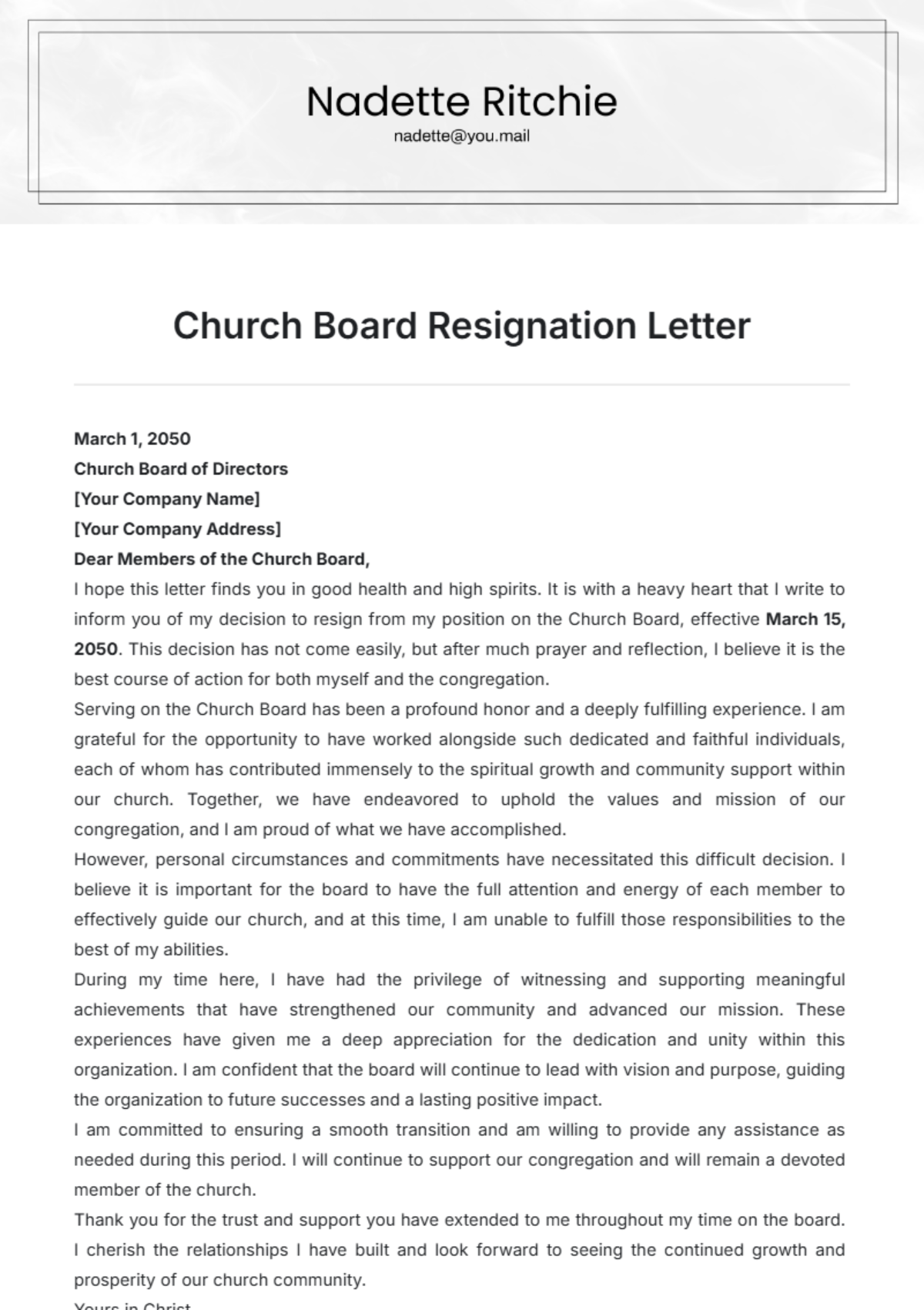 Church Board Resignation Letter Template