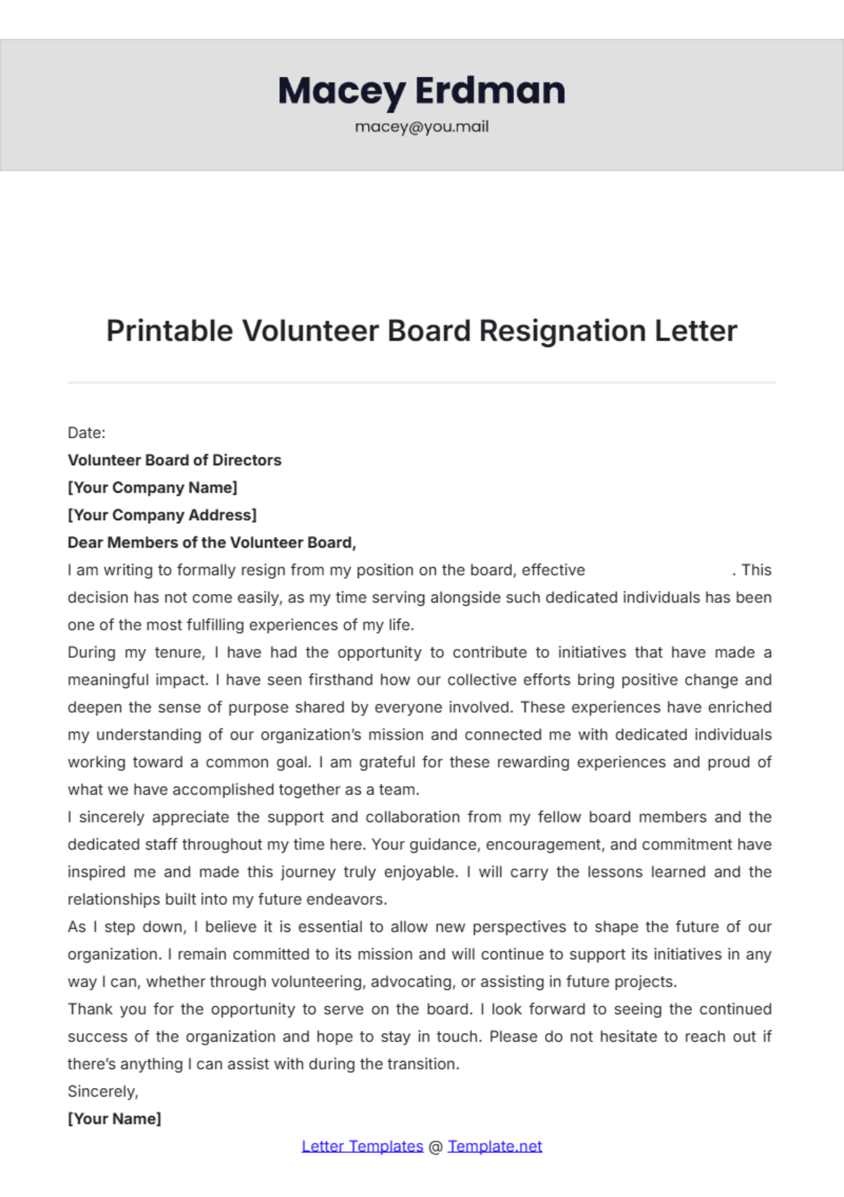 Printable Volunteer Board Resignation Letter Template