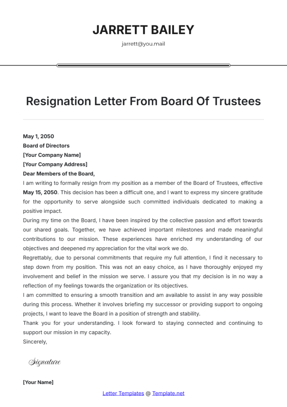 Resignation Letter From Board Of Trustees Template