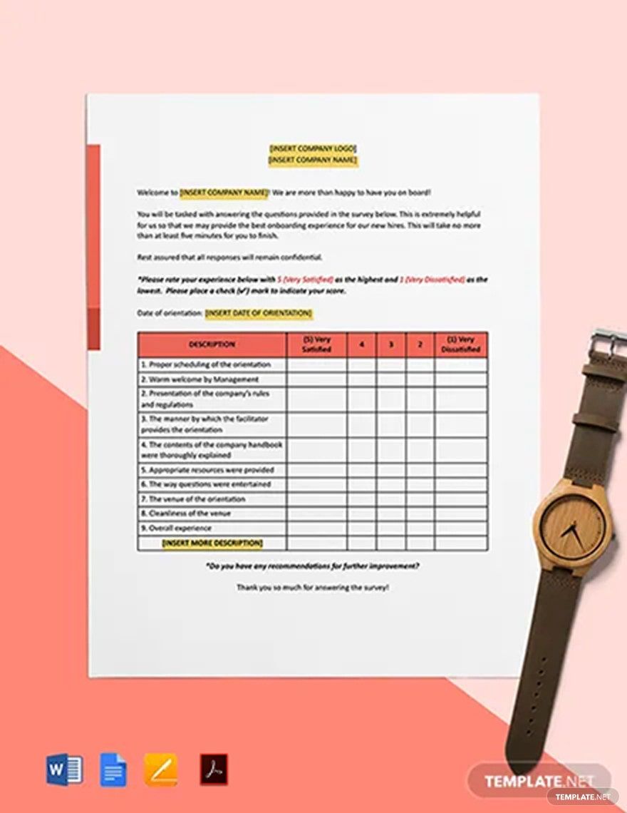 New Employee Orientation Survey Template in Word, Google Docs, PDF, Apple Pages