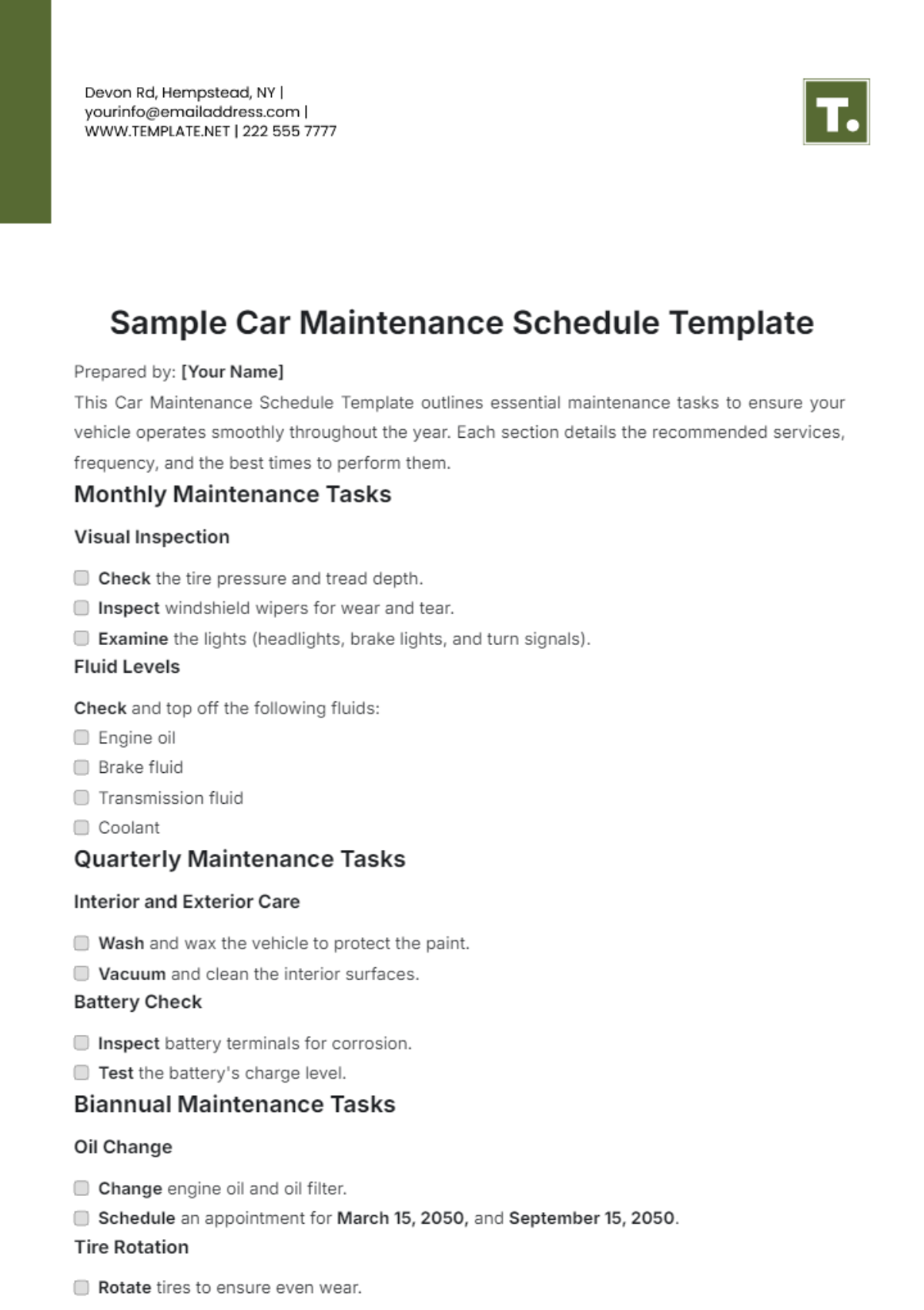 Sample Car Maintenance Schedule Template - Edit Online & Download