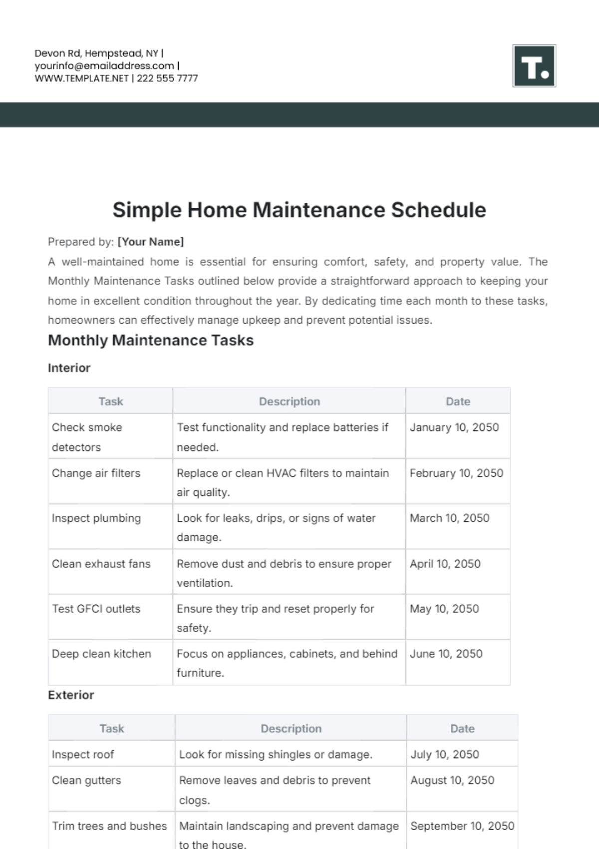 Simple Home Maintenance Schedule Template - Edit Online & Download