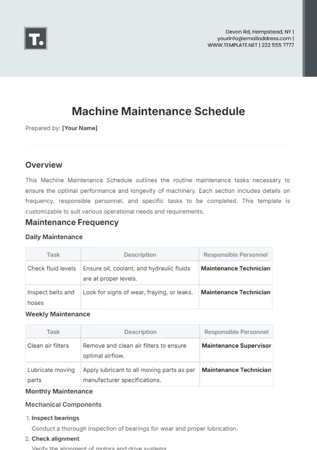 Machine Maintenance Schedule Template - Edit Online & Download