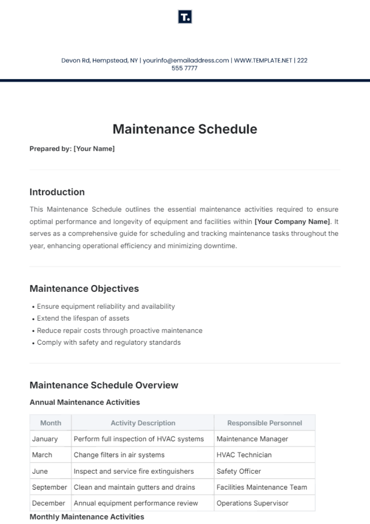 Maintenance Plan Template - Edit Online & Download