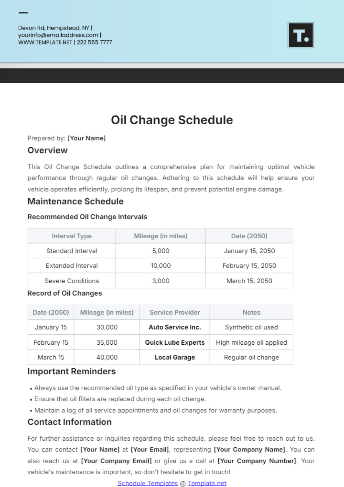 Oil Change Schedule Template - Edit Online & Download