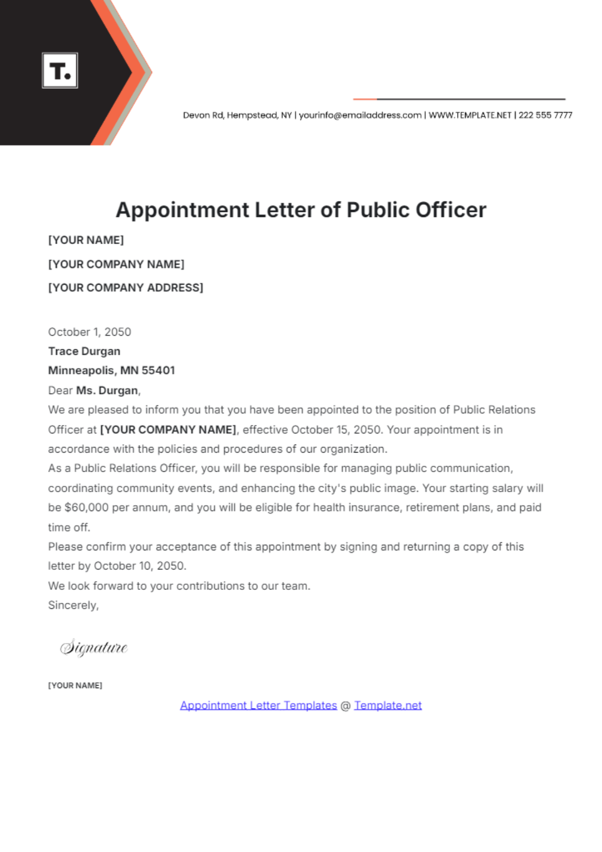 Appointment Letter of Public Officer Template - Edit Online & Download