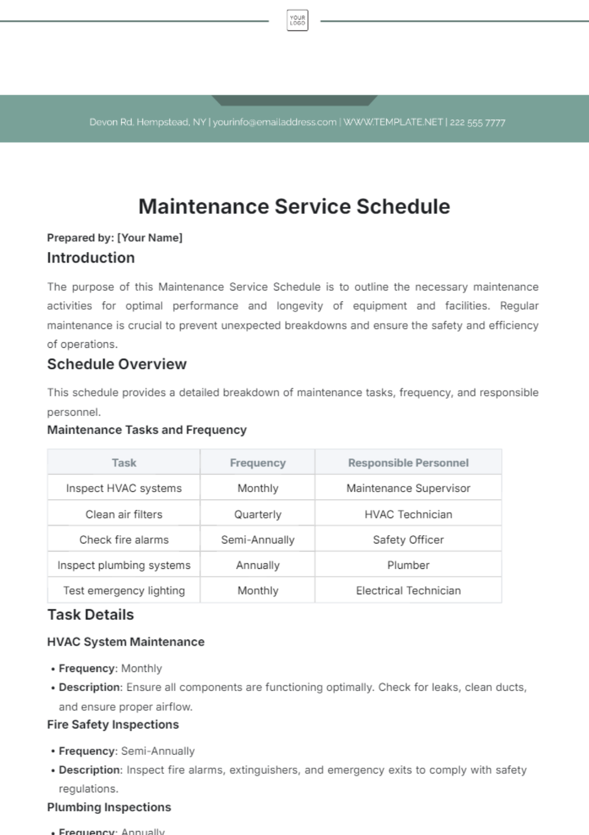 Maintenance Service Schedule Template - Edit Online & Download