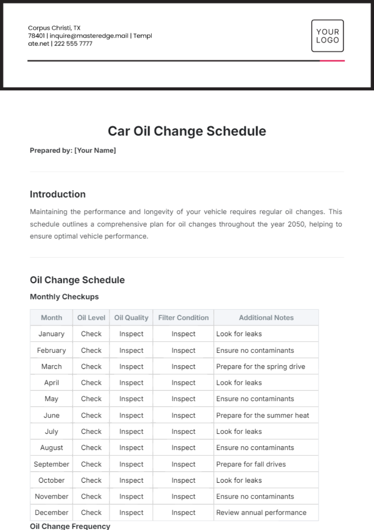 Car Oil Change Schedule Template - Edit Online & Download