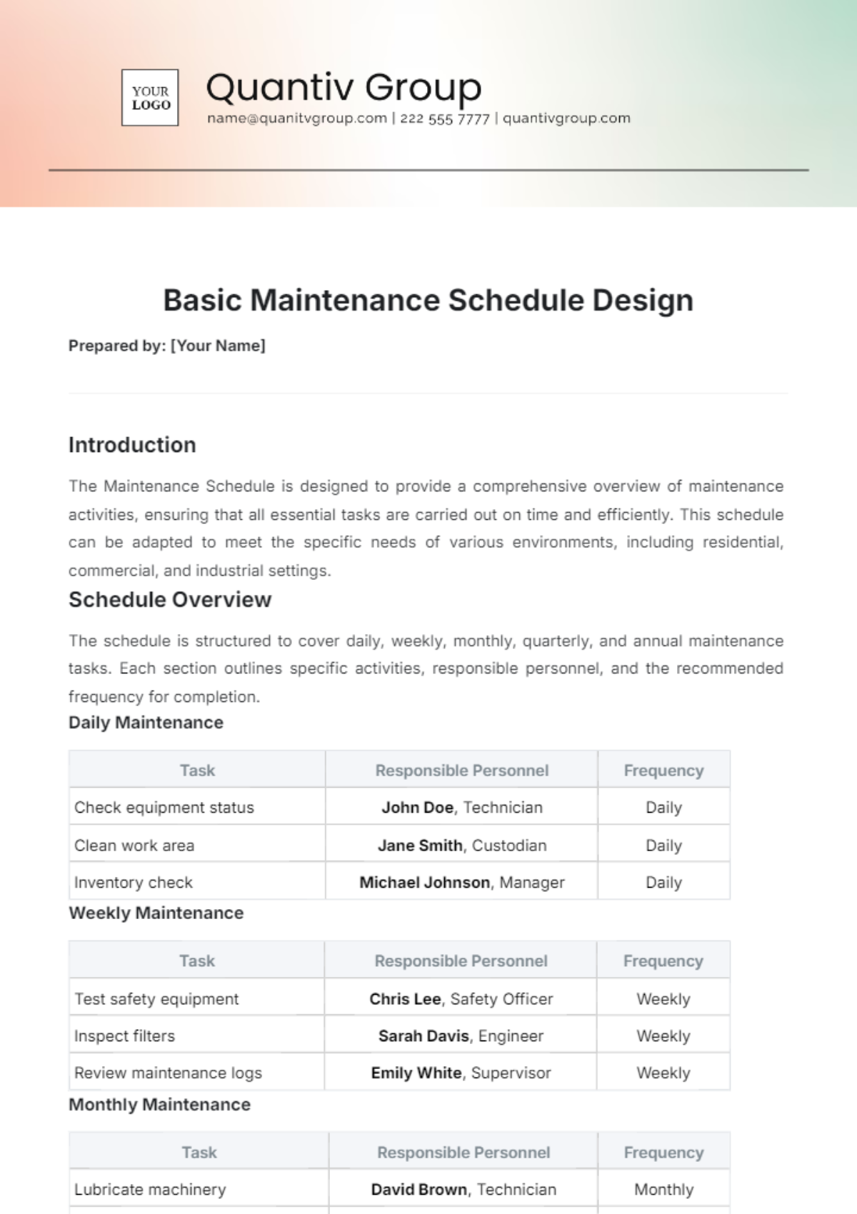 Basic Maintenance Schedule Design Template - Edit Online & Download