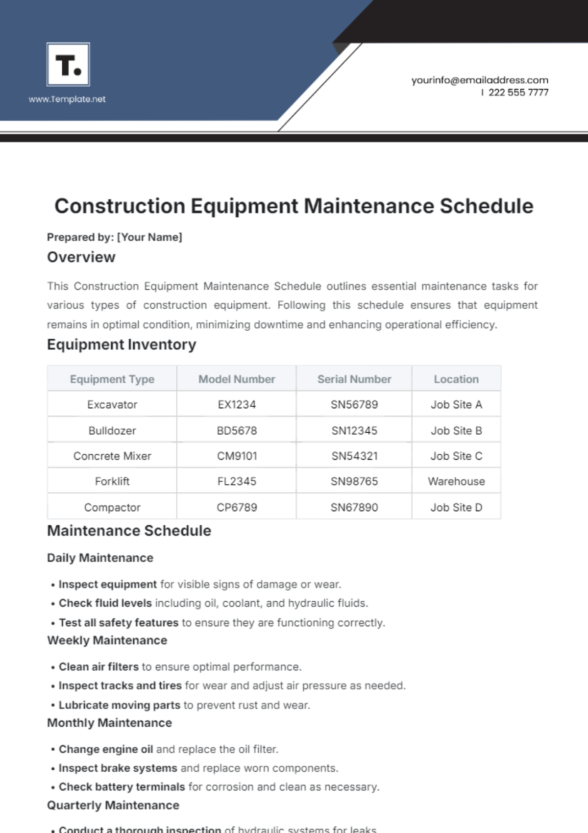 Construction Equipment Maintenance Schedule Template - Edit Online & Download