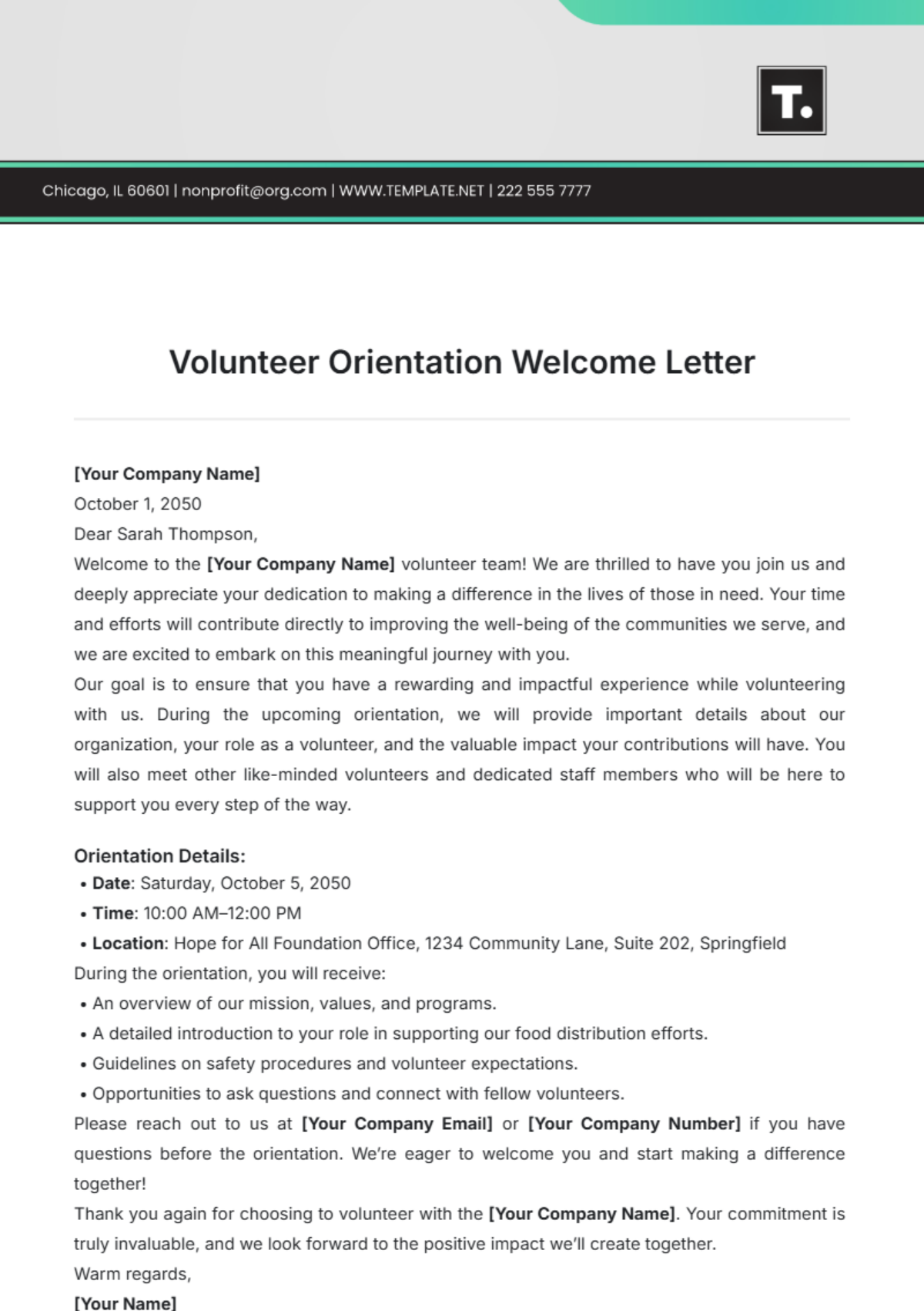 Volunteer Orientation Welcome Letter Template - Edit Online & Download