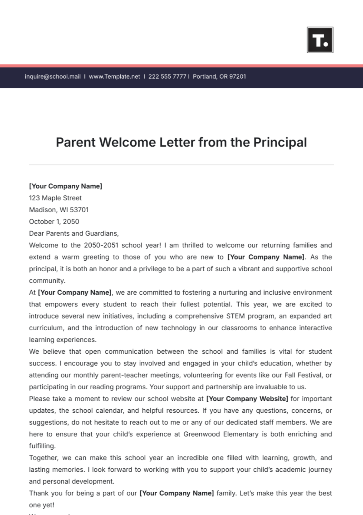 Parent Welcome Letter from the Principal Template - Edit Online & Download