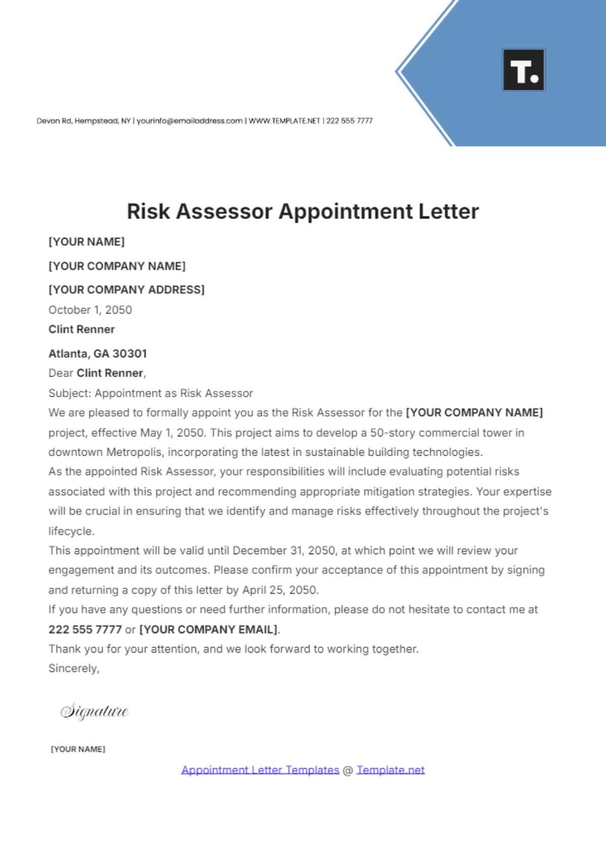 Risk Assessor Appointment Letter Template - Edit Online & Download