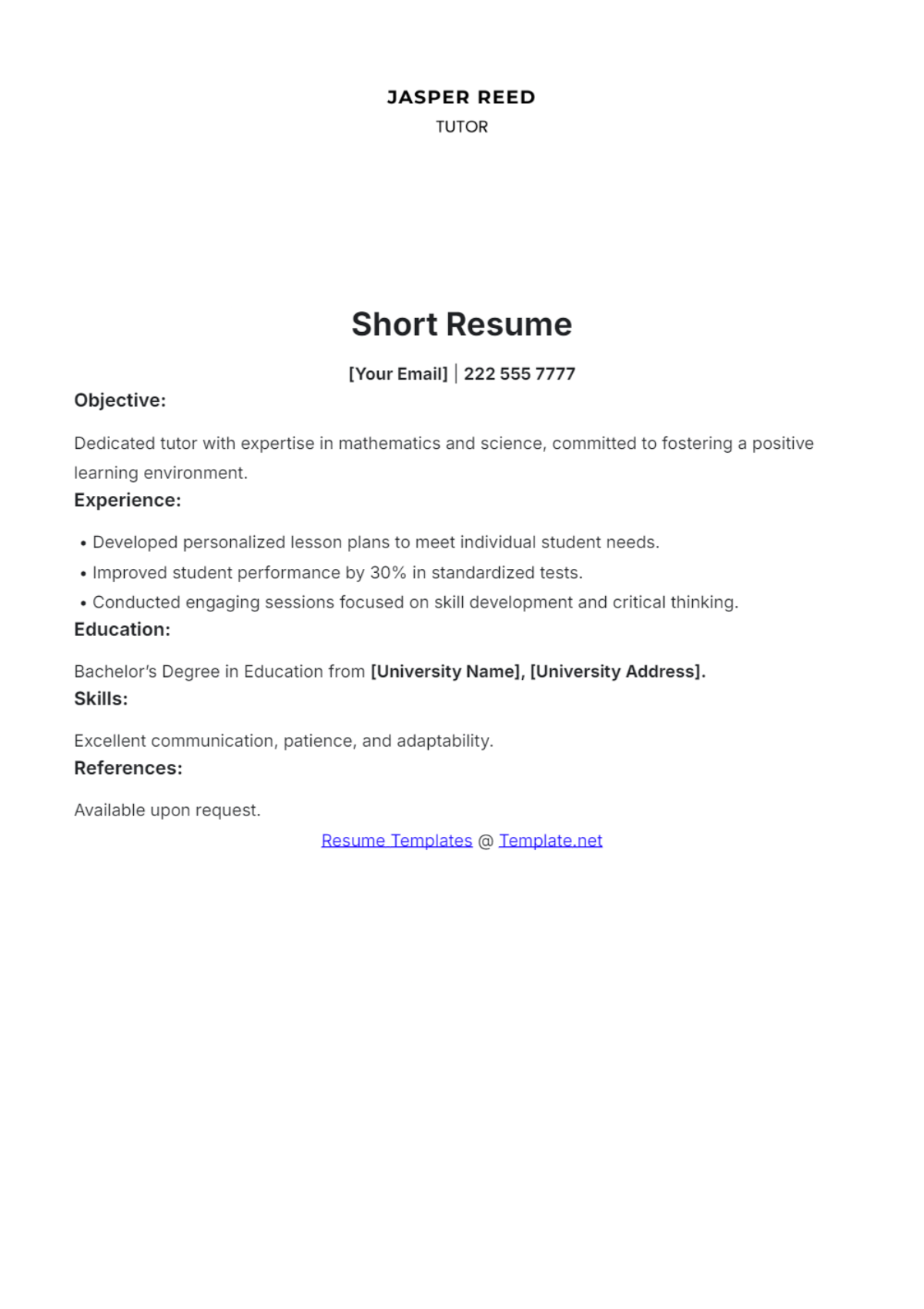 Free Short Resume Template - Edit Online & Download | Template.net